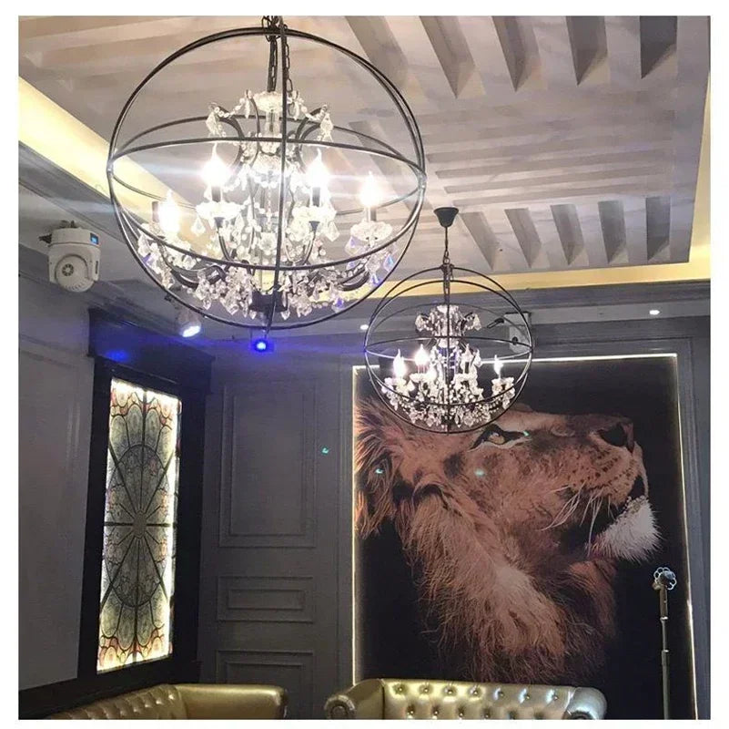 Pair of Maison Ornate American Style Industrial Crystal Birdcage Iron Chandeliers, elegant and intricate.