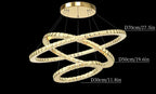Maison Ornate chandelier with three crystal interlocking rings, round mount, and dimmable modern LED lighting.