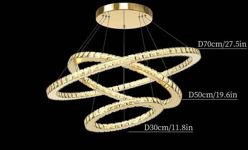 Maison Ornate chandelier with three crystal interlocking rings, round mount, and dimmable modern LED lighting.