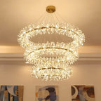 Maison Ornate Modern Crystal Chandelier with LED hanging rings and crystal accents, dimmable and radiant.