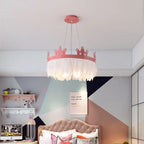 Maison Ornate Nordic chandelier with crystal accents, white feathers, and pink crown detail suspended stylishly.