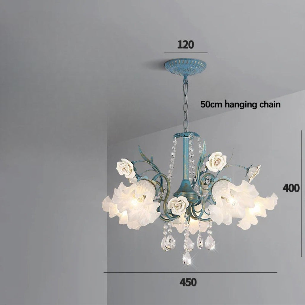 Art Deco Crystal Chandelier with Pastoral Glass Flowers