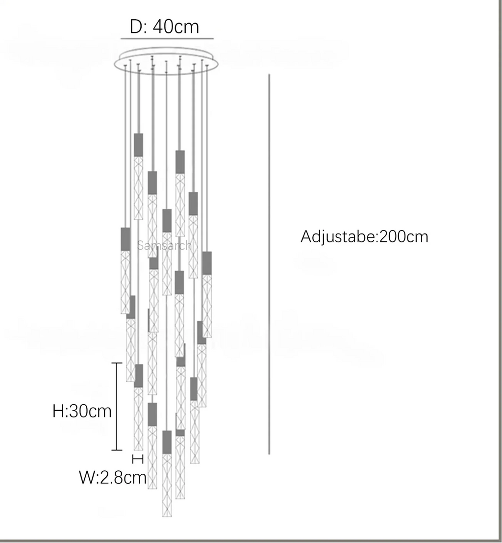 Line drawing of Maison Ornate Spiral LED Crystal Chandelier with cascading design, adjustable for high ceilings.
