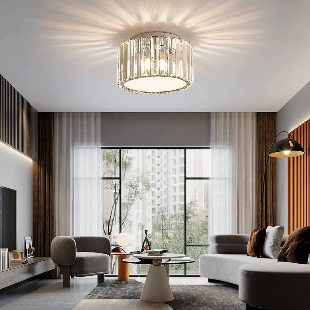Maison Ornate Luxurious Round Crystal Hallway LED Light chandelier casting intricate patterns on ceiling.