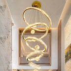 Maison Ornate Crystal Chandelier with spiral LED smart rings and spherical lights for high ceilings.
