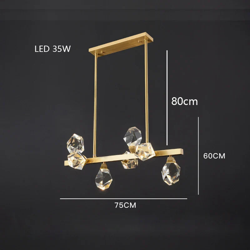 Gold-finished chandelier with six geometric crystal pendants, 80cm high, 75cm wide, energy-saving LED lighting.