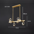 Brass chandelier with five faceted crystal LED lights, rectangular mount, 75cm wide, 80cm high.