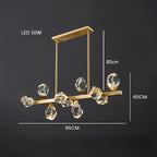 Gold-finished crystal glass pendant chandelier with LED bulbs, 95cm wide, 60cm tall, rectangular mount.