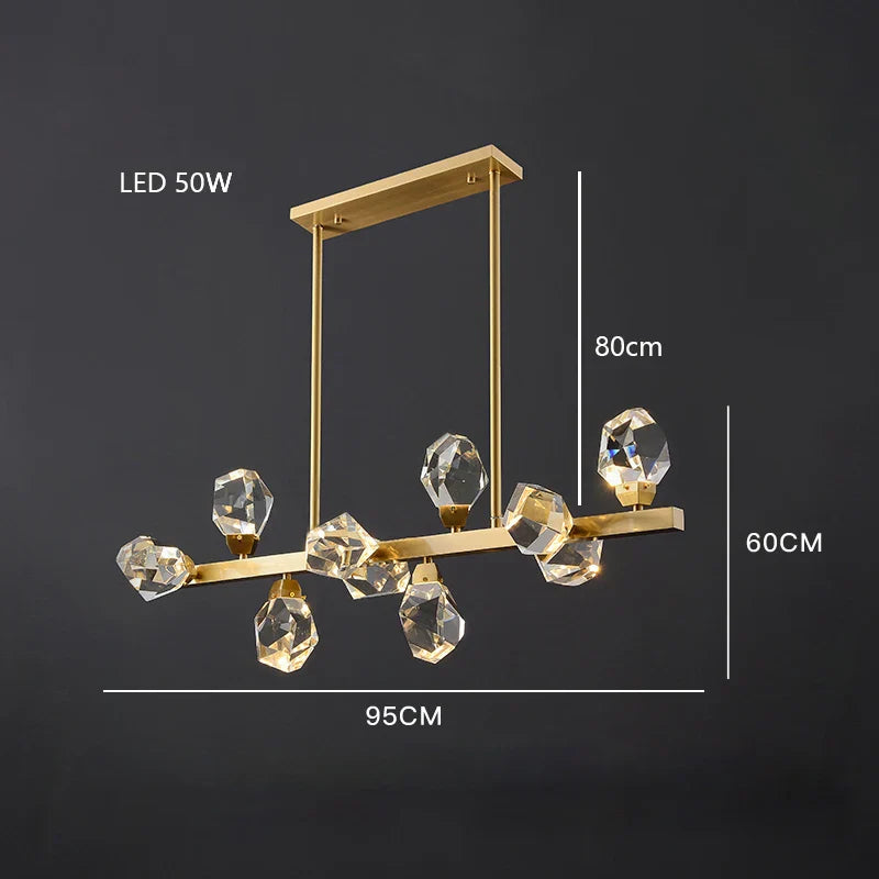 Gold-finished crystal glass pendant chandelier with LED bulbs, 95cm wide, 60cm tall, rectangular mount.