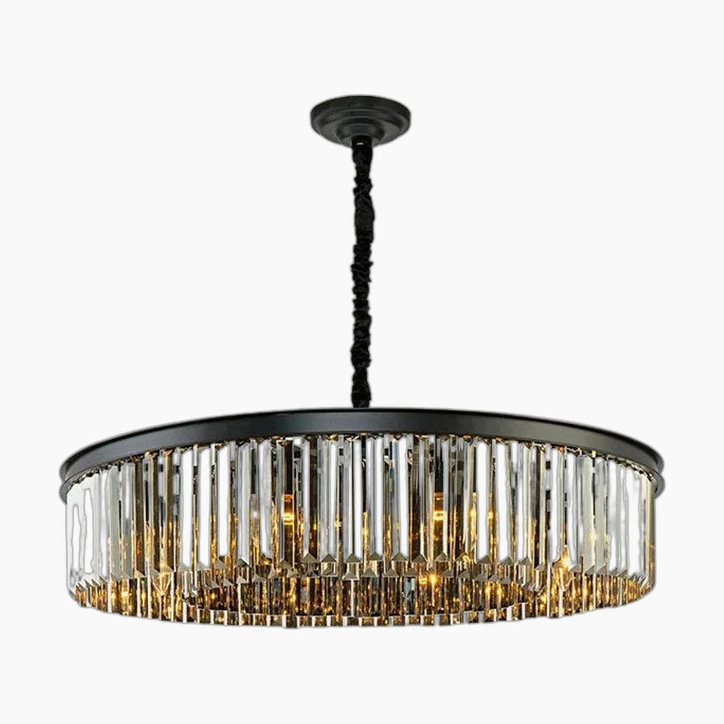 Elegant geometric chandelier with black frame, black cord, and vertical crystal prisms for modern style.