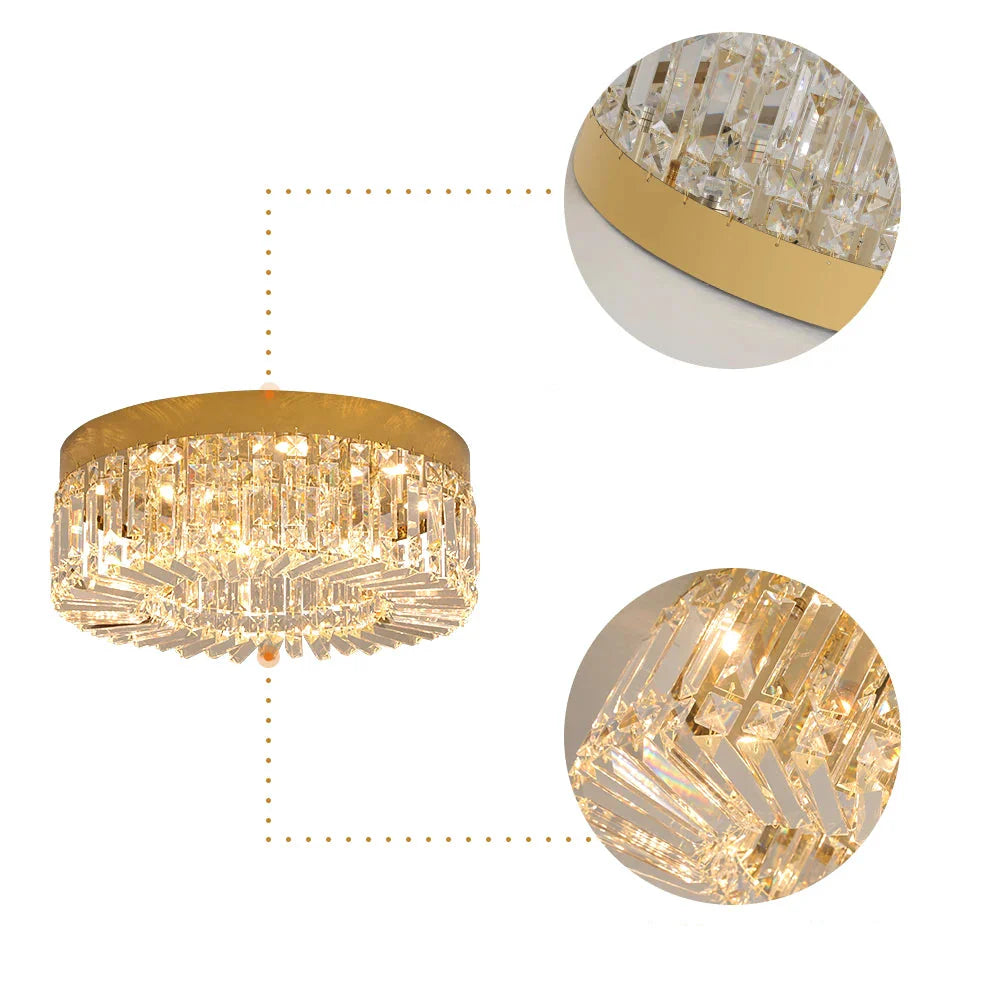 Modern gold crystal chandelier with twin circular insets, detailed prisms, and integrated warm LED illumination.