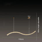 Wavy gold minimalist crystal chandelier with LED lighting, adjustable cables, 150cm length, 12cm width.