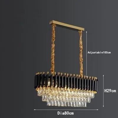 Black and gold chandelier with K9 crystals, adjustable gold rods, 80cm wide, 29cm high.