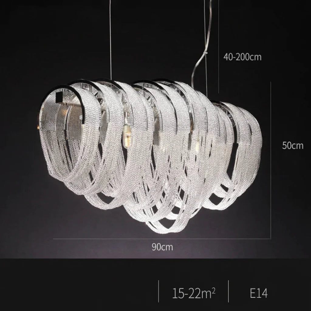 Ornate Nordic crystal chandelier with LED tassels, curved gold bands, adjustable height, E14 bulbs.