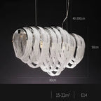 Ornate Nordic crystal chandelier with LED tassels, curved gold bands, adjustable height, E14 bulbs.