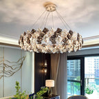 The Maison Ornate stainless steel crystal LED pendant, elegant and modern, hangs suspended from the ceiling.