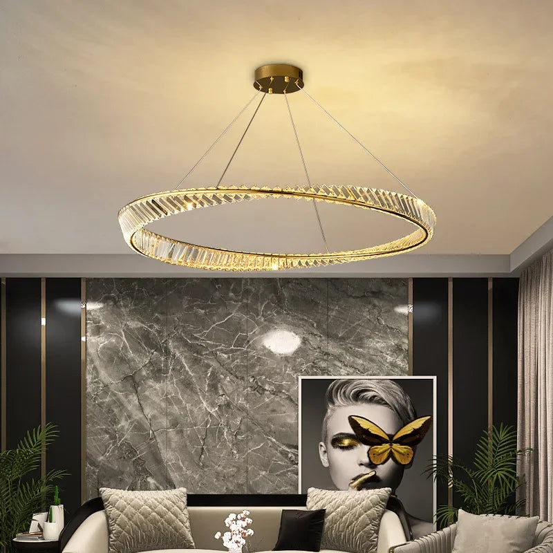 Maison Ornate K9 Crystal Chandelier with Irregular Rings and LED, modern design lighting fixture.