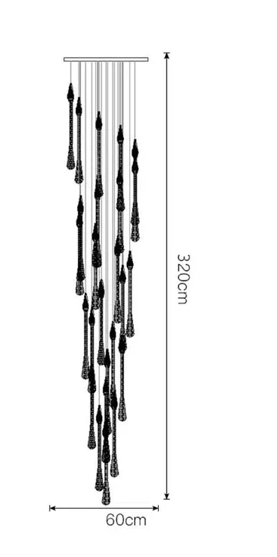 Line drawing of Maison Ornate Modern LED Crystal Chandelier with teardrop pendants, 320x60 cm, adjustable height.