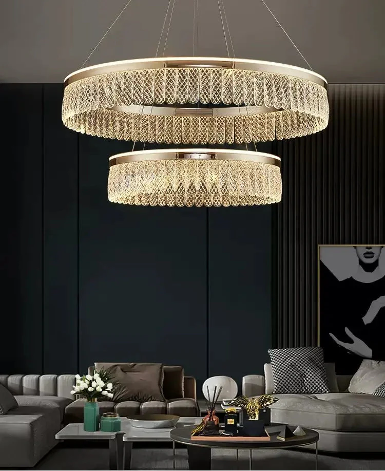 Pair of Maison Ornate Modern Crystal Ball Chandeliers with luxury rings, elegant and contemporary design.