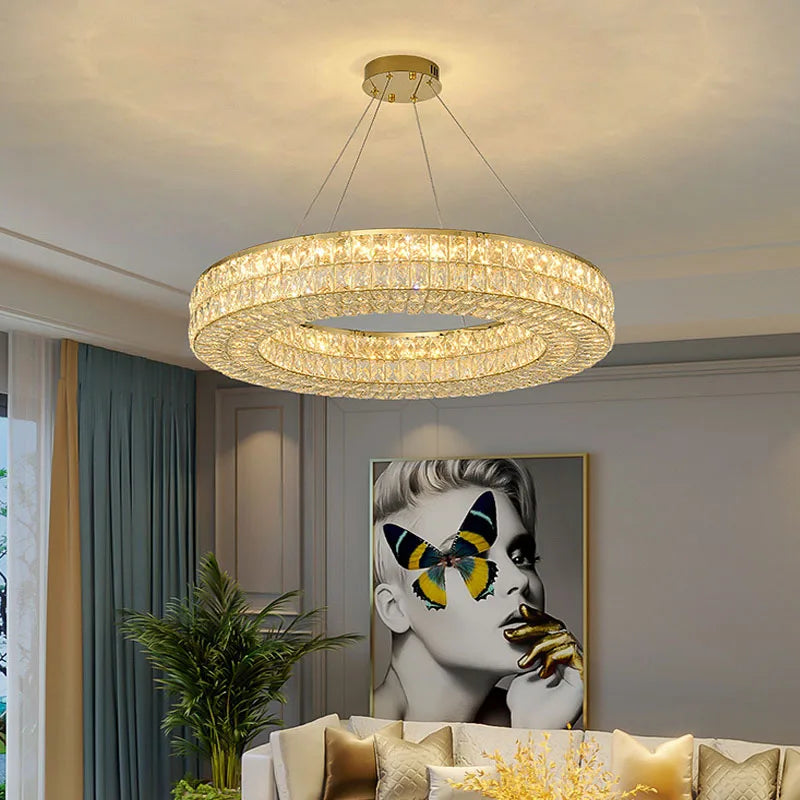 Maison Ornate Art Deco Circular Crystal Chandelier with integrated LED lights, elegant and modern design.