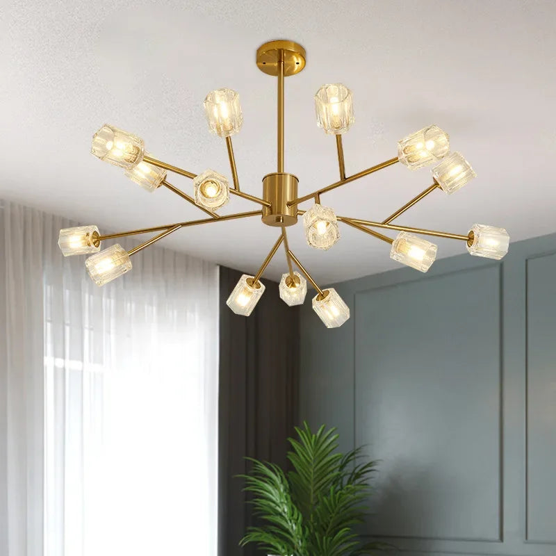 Maison Ornate Modern Nordic chandelier with multiple gold arms and glass fixtures, LED-lit, elegant and contemporary.