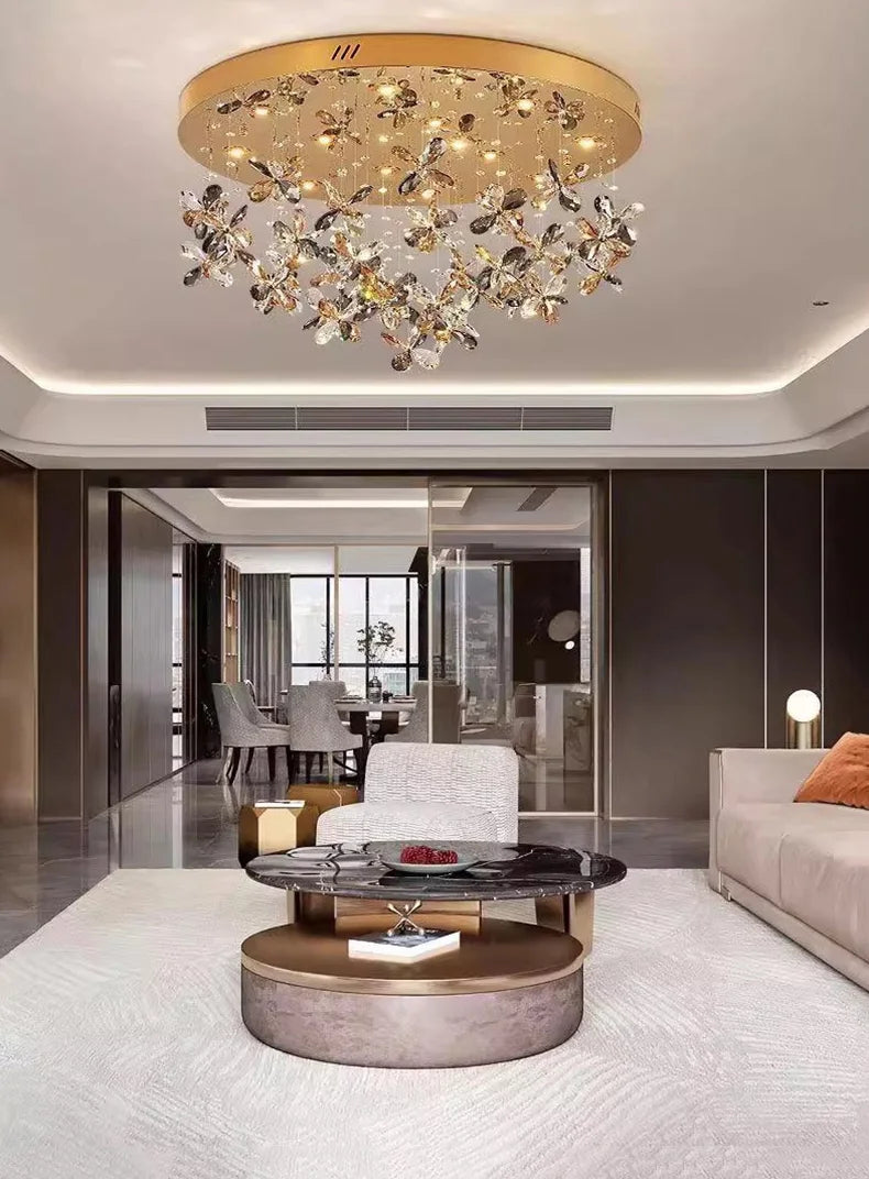 Maison Ornate Modern Crystal LED Living Room Pendant Light, featuring sparkling crystals in a contemporary design.