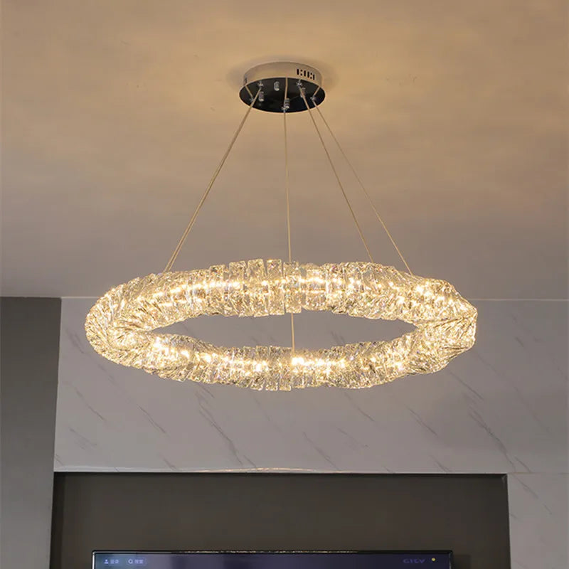 Maison Ornate K9 Crystal Chandelier, circular textured design, four cables, remote control, modern LED illumination.