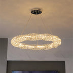 Maison Ornate K9 Crystal Chandelier, circular textured design, four cables, remote control, modern LED illumination.