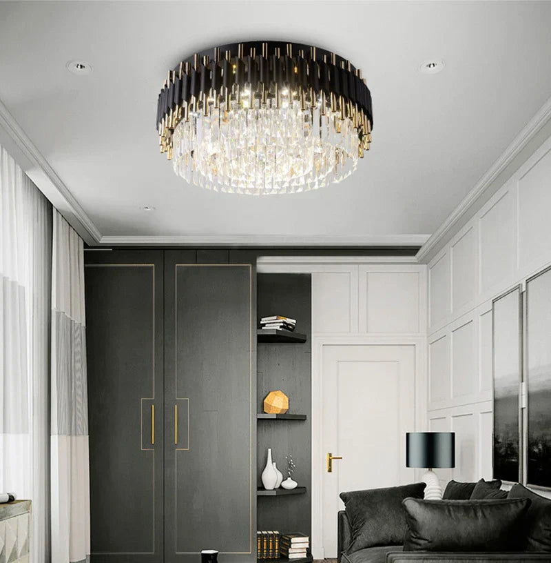 Maison Ornate Modern LED Crystal Gold Lustre chandelier, large, round, radiant, elegant decorative lighting fixture.