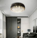 Maison Ornate Modern LED Crystal Gold Lustre chandelier, large, round, radiant, elegant decorative lighting fixture.