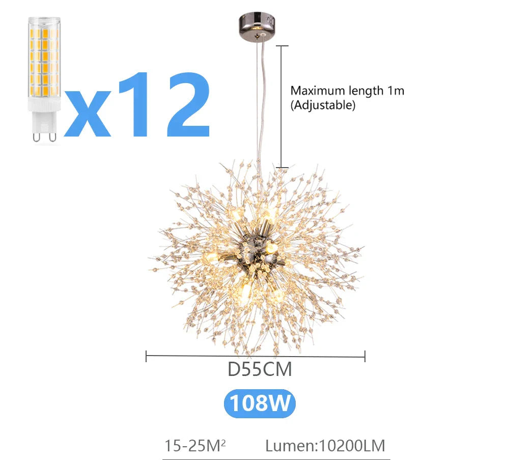 Modern LED crystal iron chandelier, 12 bulbs, adjustable height, 55cm diameter, 108W, bright and elegant.