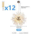 Modern LED crystal iron chandelier, 12 bulbs, adjustable height, 55cm diameter, 108W, bright and elegant.