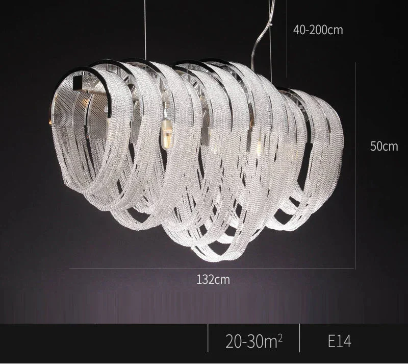 Modern Nordic chandelier with crystal LED tassels, overlapping oval metal loops, adjustable height, E14 bulbs.