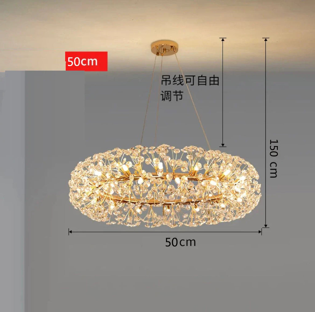 Modern K9 crystal chandelier with gold finish, integrated LED, 50 cm oval shape, adjustable cable.