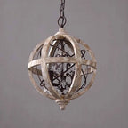 Rustic spherical crystal and wood chandelier with ornate detail, chain suspension, classic American style.