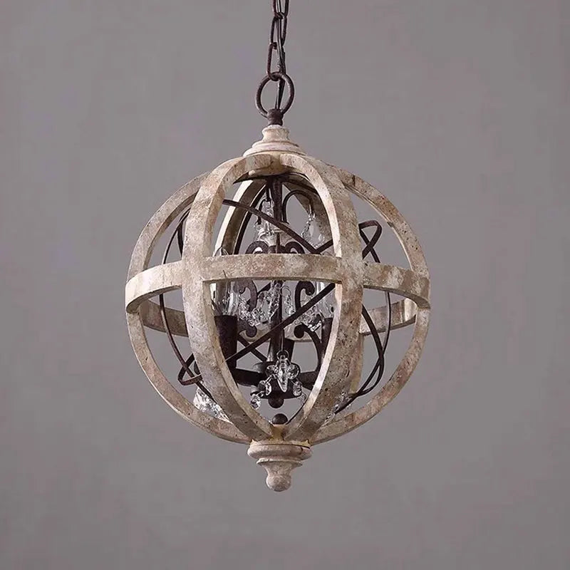 Rustic spherical crystal and wood chandelier with ornate detail, chain suspension, classic American style.