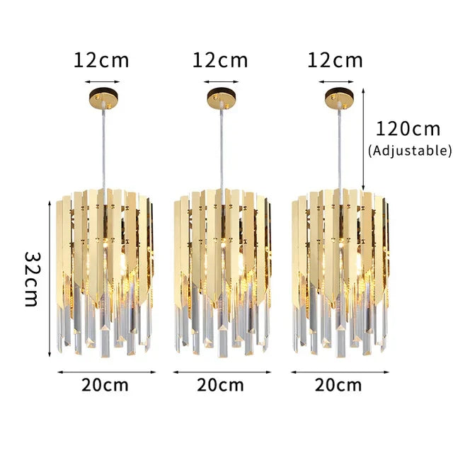 Three gold and silver crystal pendants hang in a row, adjustable cords, modern LED chandelier.