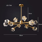 Eight-armed geometric crystal chandelier, 95cm wide, 45cm tall, with 30cm rod, LED-lit.