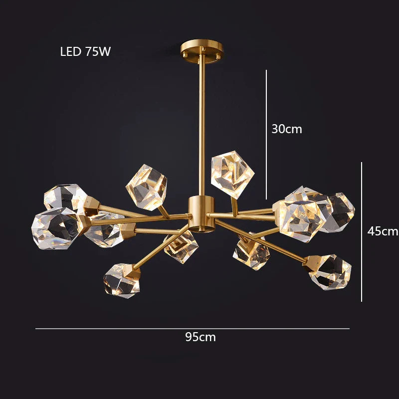 Eight-armed geometric crystal chandelier, 95cm wide, 45cm tall, with 30cm rod, LED-lit.