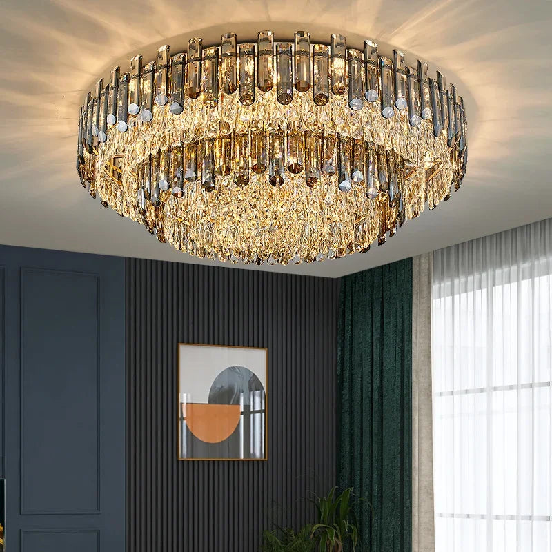 Elegant Modern Crystal Chandelier with dimmable LEDs, gold-silver accents, intricate light patterns.