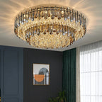 Elegant Modern Crystal Chandelier with dimmable LEDs, gold-silver accents, intricate light patterns.