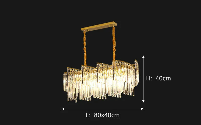 Luxurious spiral chandelier with cascading crystals, gold accents, and dual gold suspension cables, 80×40×40 cm.