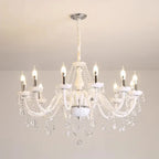Eight-light Nordic Baroque chandelier with crystal ornaments, curved glass tubes, and white finish.