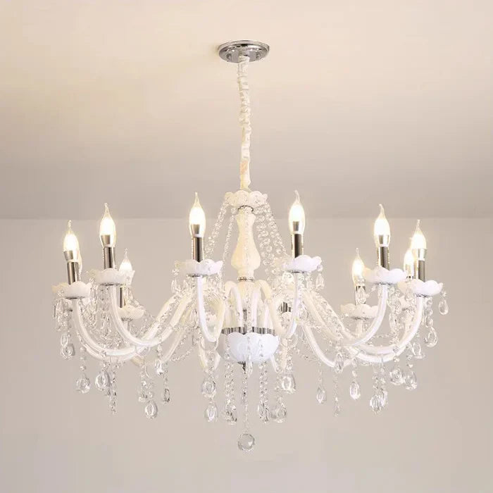 Eight-light Nordic Baroque chandelier with crystal ornaments, curved glass tubes, and white finish.