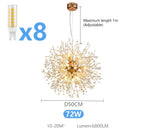 Gold sputnik chandelier with crystal accents, 8 LED bulbs, 50cm wide, adjustable to 1m.