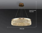 Modern crystal ball chandelier with gold rings, 80 cm diameter, adjustable wires, elegant luxury design.