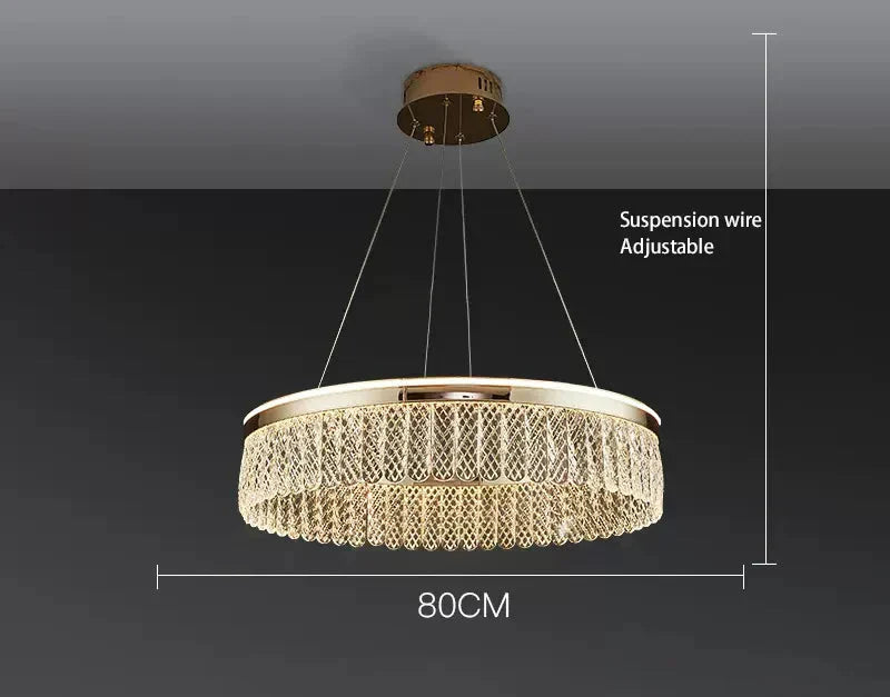 Modern crystal ball chandelier with gold rings, 80 cm diameter, adjustable wires, elegant luxury design.