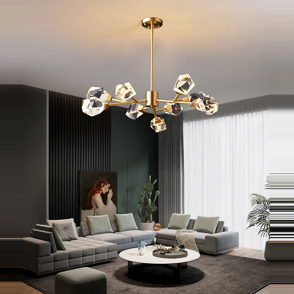 Maison Ornate Modern Glass Crystal Chandelier with brass structure and built-in LED lighting.