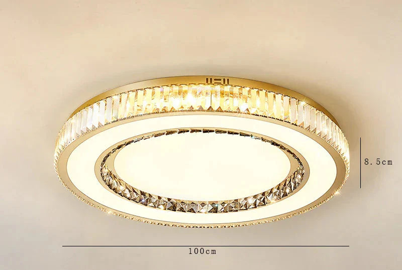 Round crystal glass LED chandelier with gold accents, 100 cm diameter, elegant warm illumination.