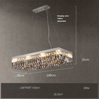 Ornate rectangular LED crystal chandelier with pendants, 120cm adjustable cord, modern design, 200W illumination.